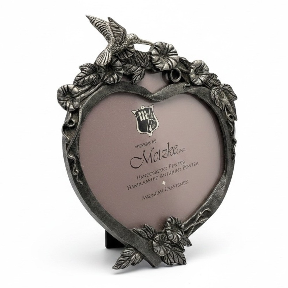 Vintage Metzke Pewter Heart Picture‎ Frame Hummgingbird Floral Morning Glory